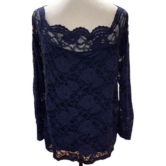 Torrid Lace L/S Top Off-Shoulder Partly Lined Scalloped Neck Navy Blue Sz 2 (2X) - Picture 7 of 9
